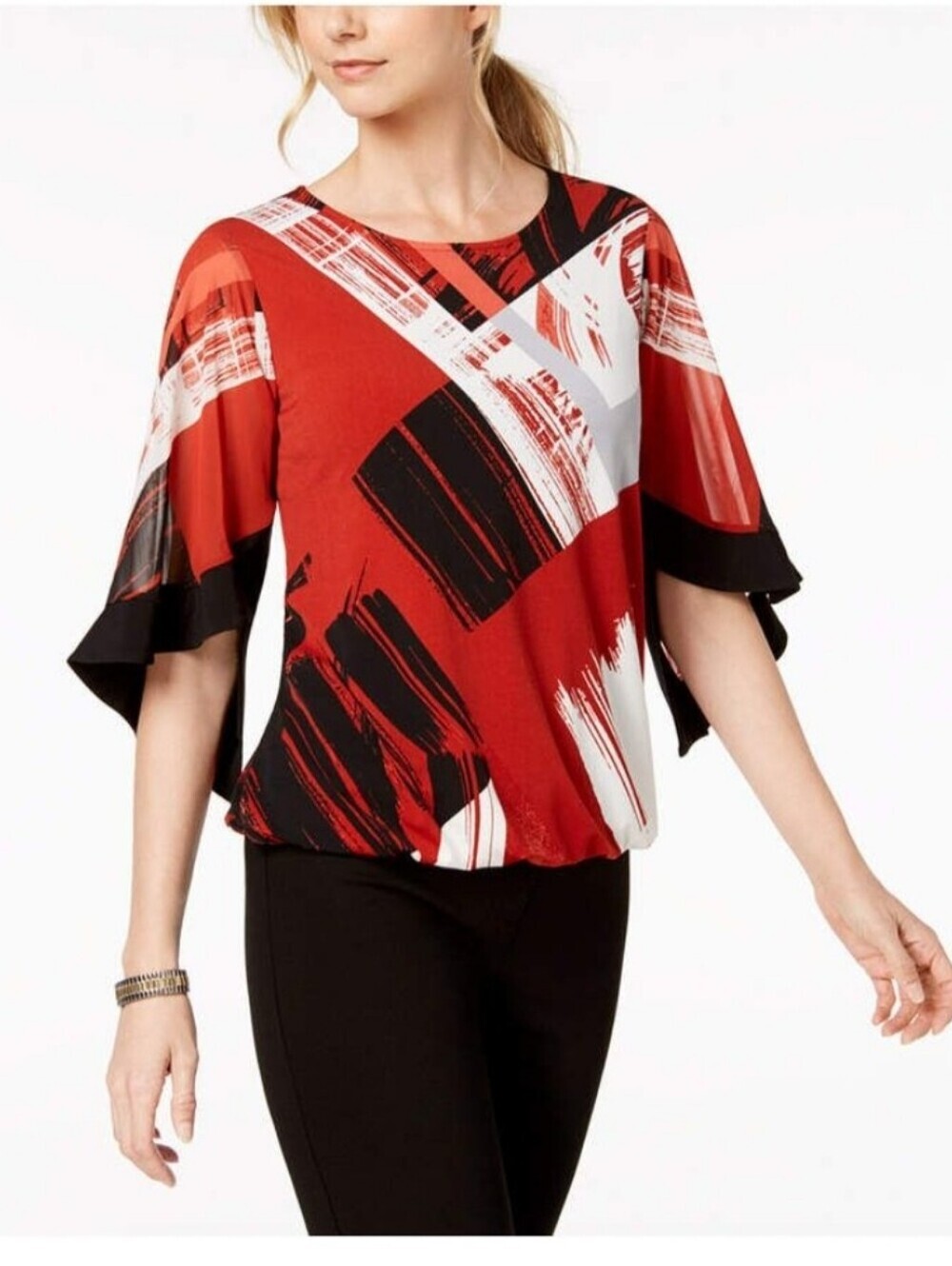 Alfani Flare Sleeve Print Blouson Top Retro Stretch Red Black Gray Abstract XL